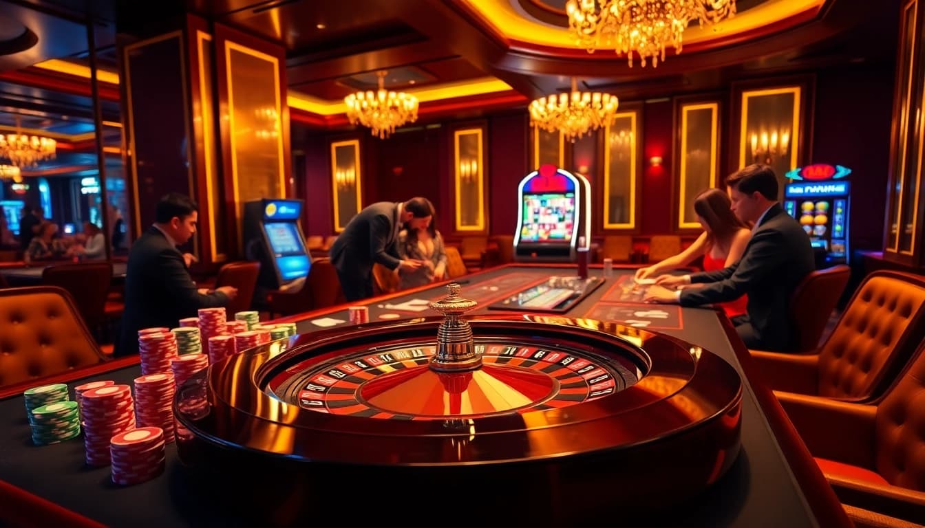 Players enjoying a high-stakes game at RR88 casino with vibrant roulette and colorful chips.