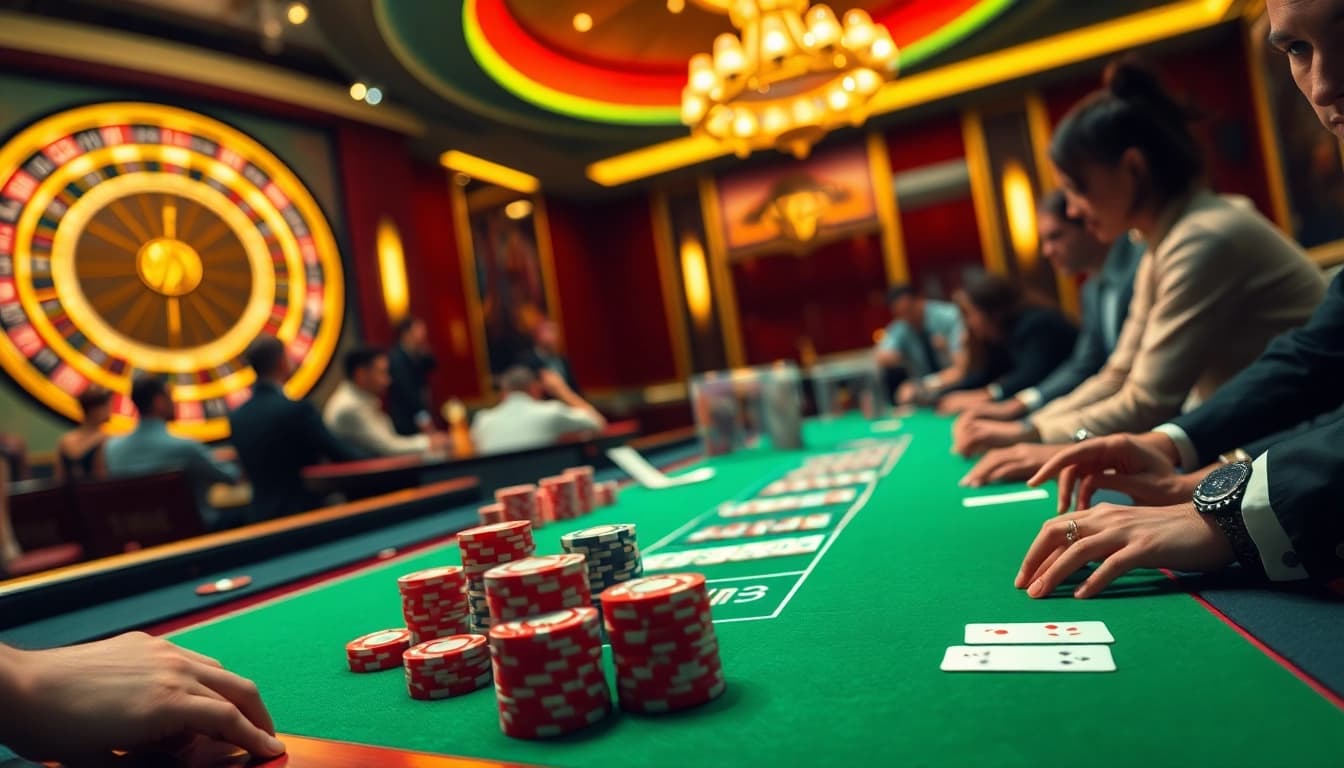Engaged players strategizing during a thrilling 789club casino game at an elegant table.