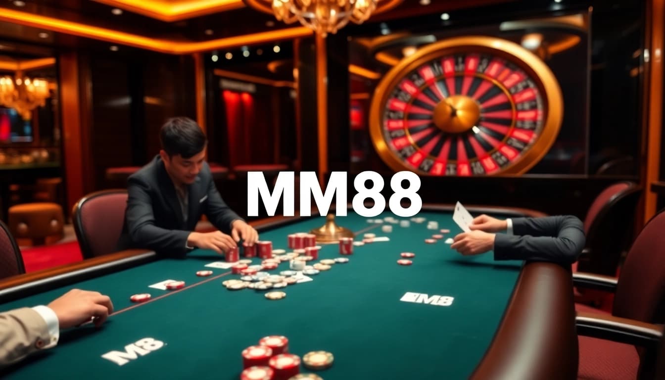 MM88 casino players engaged in a thrilling poker game at a luxurious table.