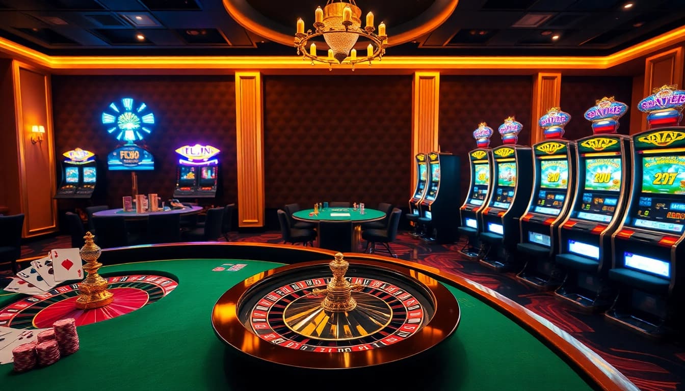 Experience the thrill of gaming at FC88 with vibrant casino tables and poker chips.