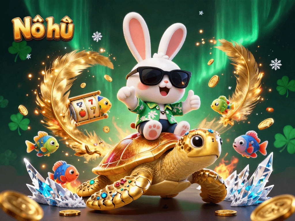 Nổ hũ slot game scene featuring a lucky rabbit and golden turtle amidst vibrant casino elements