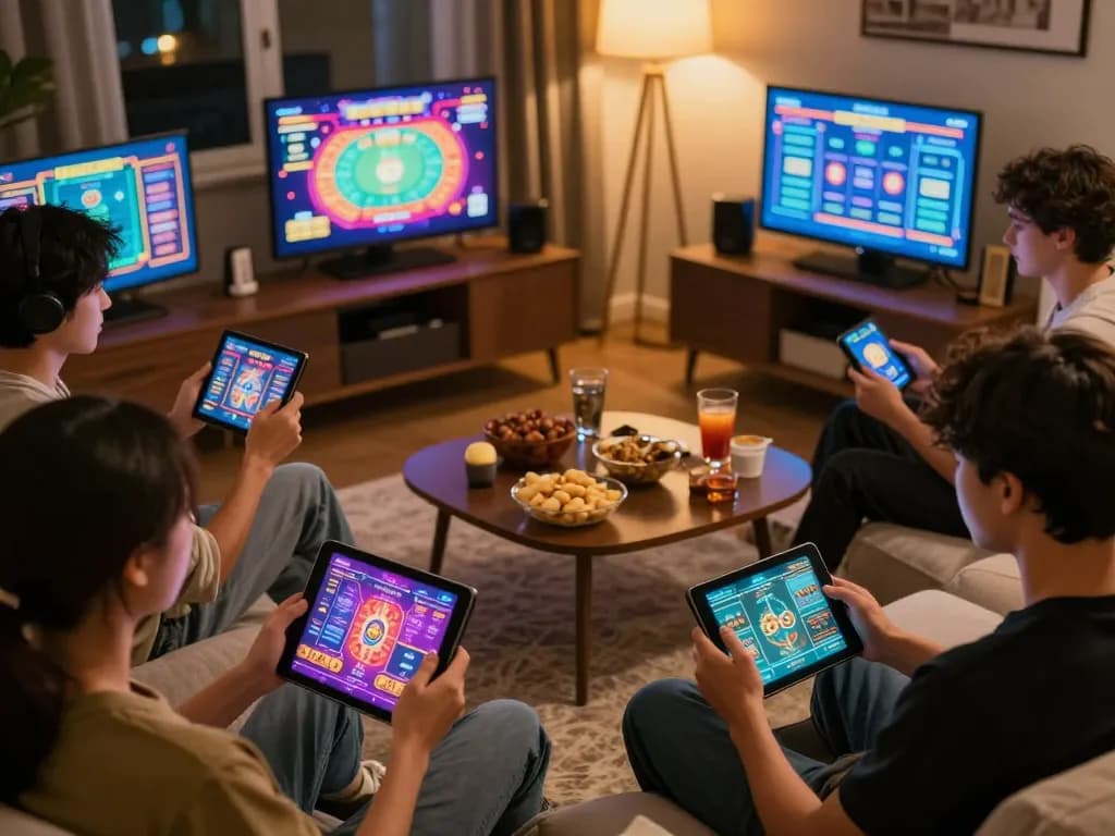 Players enjoying gaming on mn88 platform with engaging mobile and tablet interfaces in warm ambiance