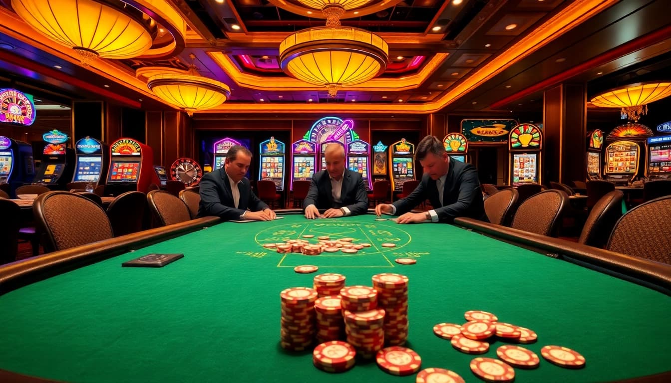 MMOO players strategizing at a vibrant poker table in a luxurious casino setting.