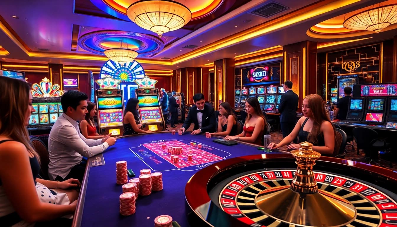 Experience exhilarating gameplay at nhà cái S8 with a vibrant casino setting featuring poker chips and modern slot machines.