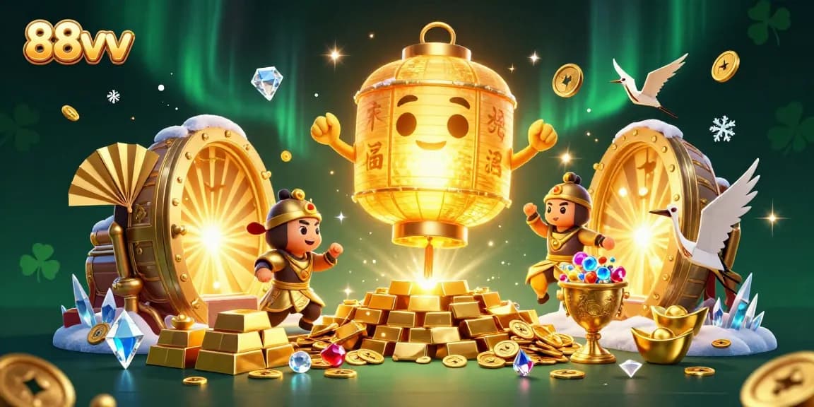 Experience luck with 88vv's vibrant casino scene featuring golden treasures and animated characters.