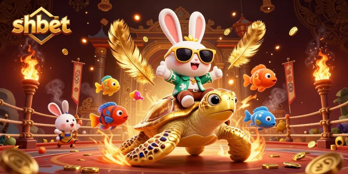 Join the vibrant action at shbet with a lucky rabbit on a golden sea turtle, celebrating casino excitement.