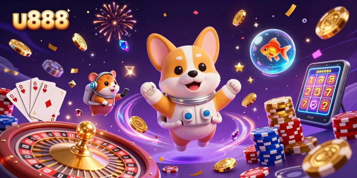 Experience thrilling gaming at u888 with a vibrant 3D scene showcasing a floating astronaut corgi in a space casino