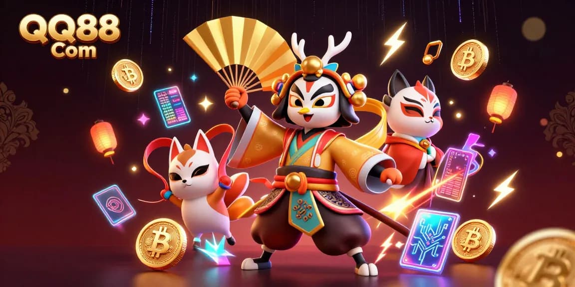 Engage with dynamic QQ88 Com gaming scene featuring characters, cryptocurrency elements, and vibrant casino energy.