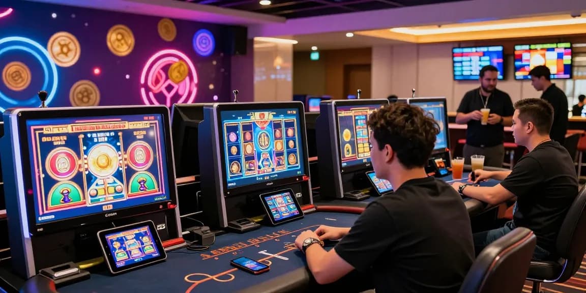 Players enjoying games at credit card casinos with vibrant screens and lively atmosphere.