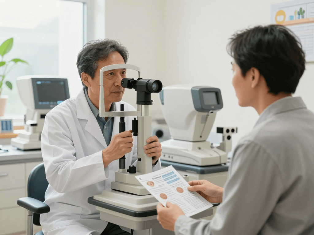 Cataract eye surgery consultation in a modern clinic with doctor and patient.