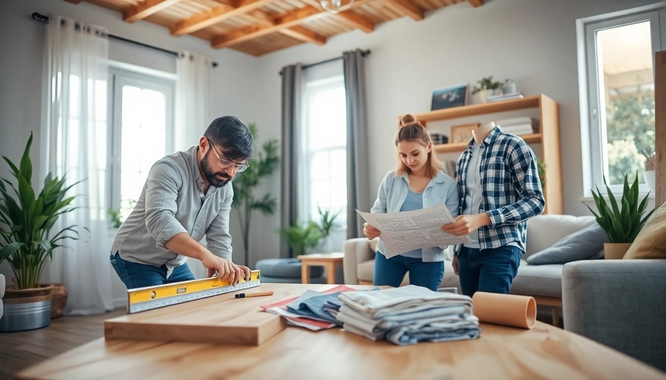 Renovators near me collaborating on a living room renovation project with tools and design plans.