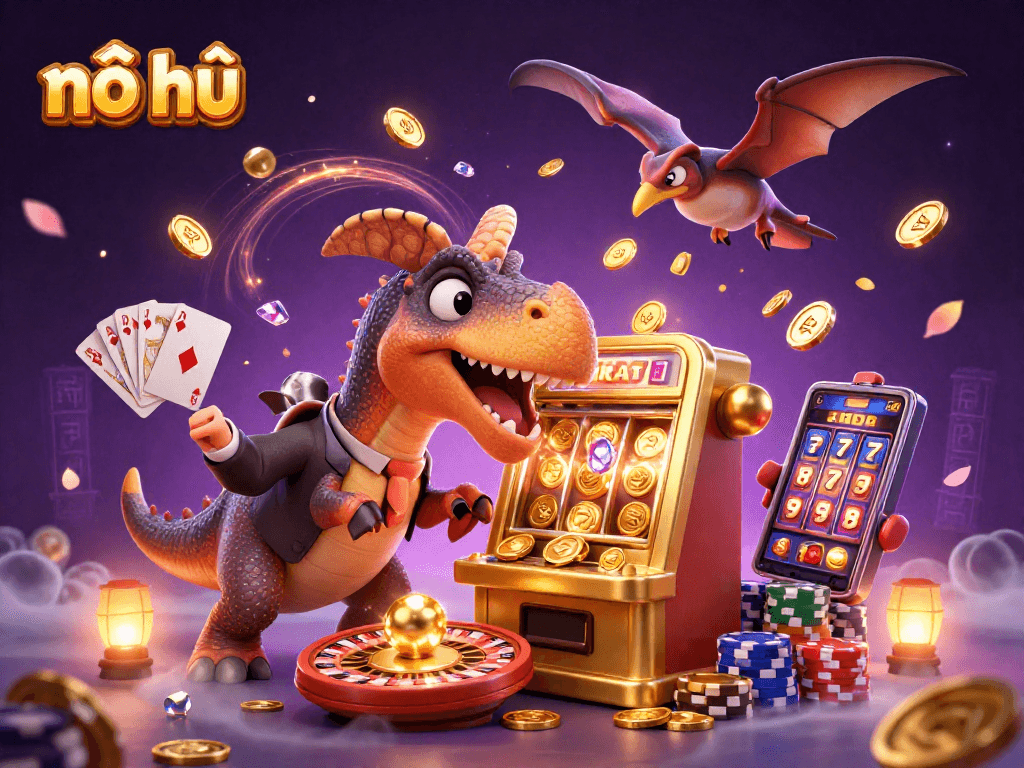 Nổ hũ game showcases a pachycephalosaurus winning jackpot coins while a casino manager reacts, amidst a flurry of bonuses.