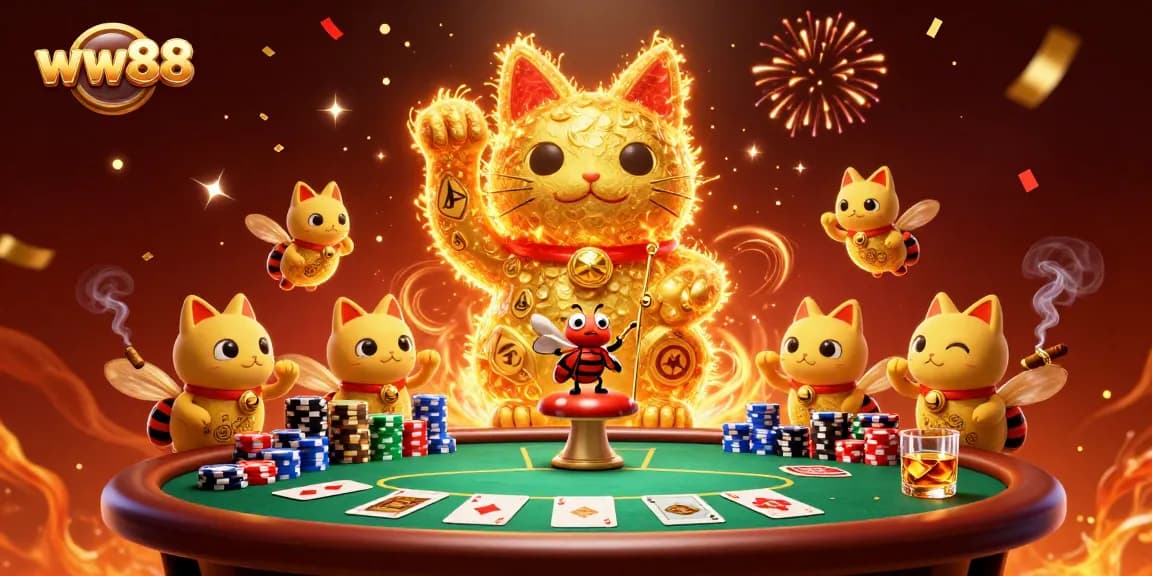 Experience the animated world of ww88 as a giant lucky cat made from golden fireflies waves amid a festive casino scene.