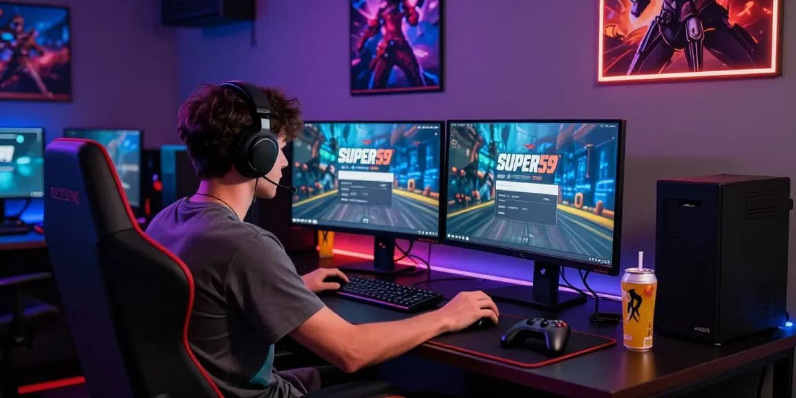 Gamer menggunakan SUPER59 login di ruang permainan modern dengan suasana energik.