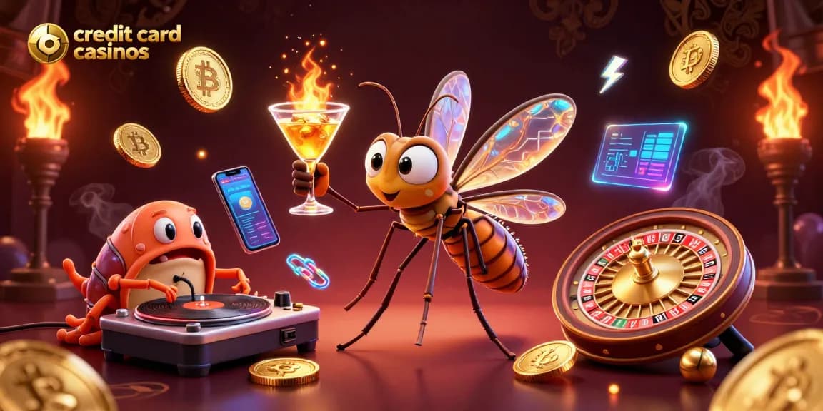 Experience the excitement of credit card casinos with vibrant 3D characters and neon elements.
