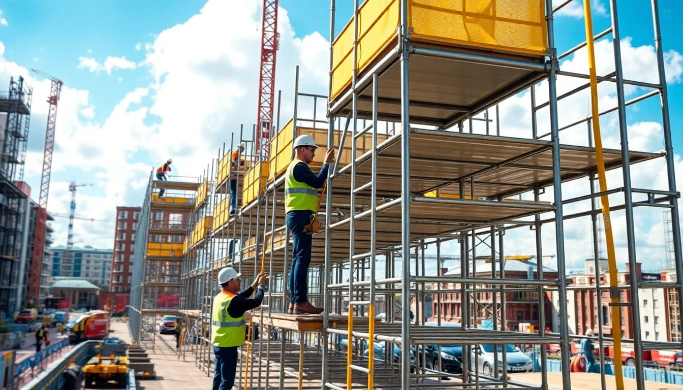 Scaffolders Bolton erecting scaffolding structures on a site showcasing professionalism and safety.