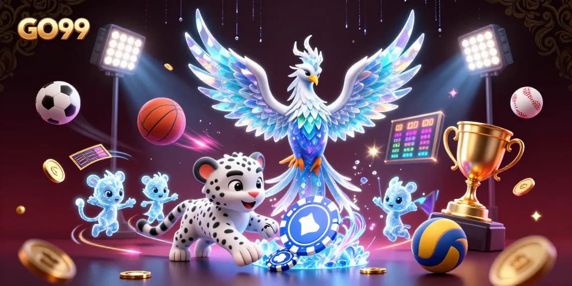 Experience the gaming action with GO99, featuring a vibrant phoenix, lively sprites, and dynamic sports elements.