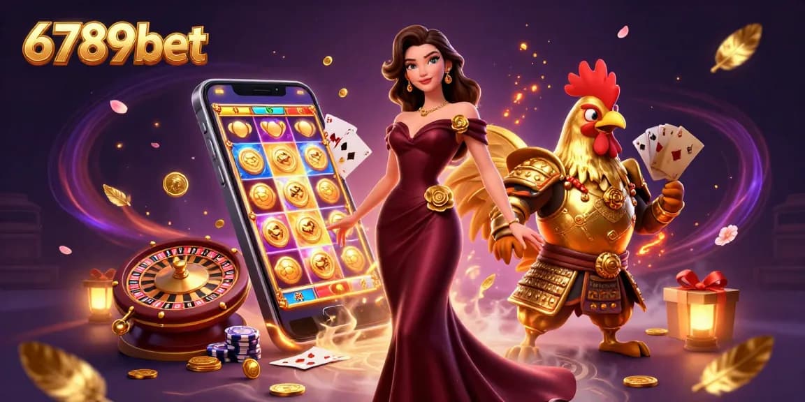 Experience 6789bet’s vibrant gaming scene with a glamorous woman and a golden rooster warrior.