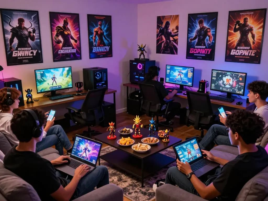 Diverse group playing free porn games on laptops and smartphones in cozy gaming room.