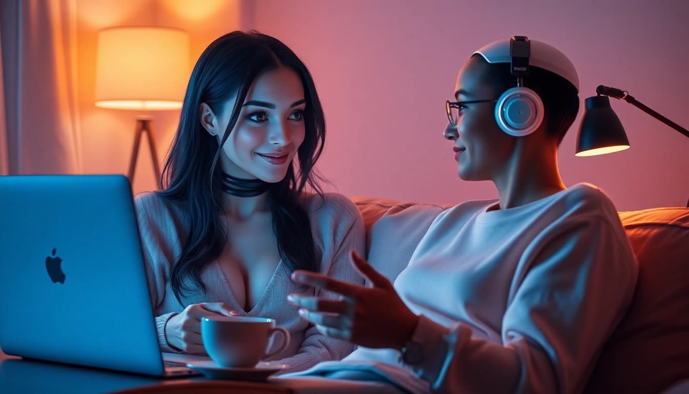 Engaging cozy scene of ai sex chat with AI character, warm ambiance