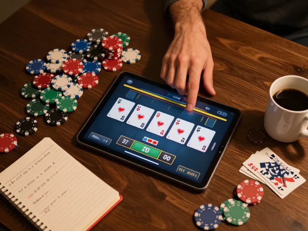 Soc88 player analyzing poker strategy at home with tablet while enjoying online gaming experience