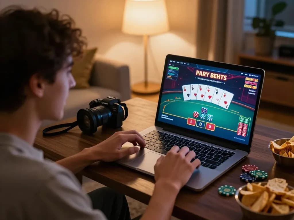 Play poker on nk88 with a cozy online gaming setup, showcasing cards and chips in action.