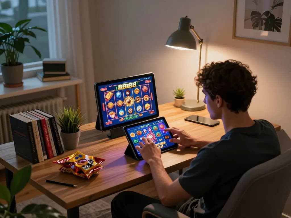 Player enjoying immersive gaming experience with 888b on tablet, surrounded by cozy home elements.