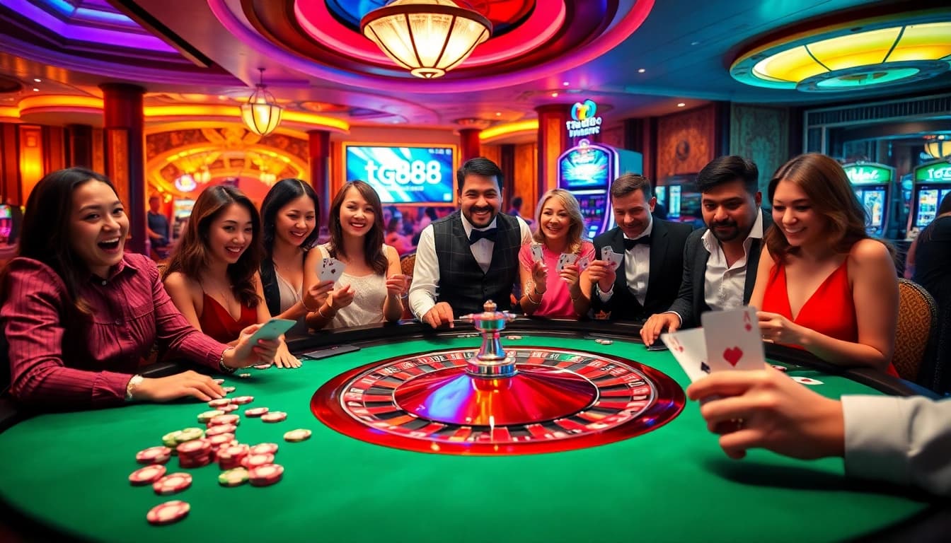 The tg88 casino scene features players eagerly engaging at a roulette table, capturing the thrill of gaming.