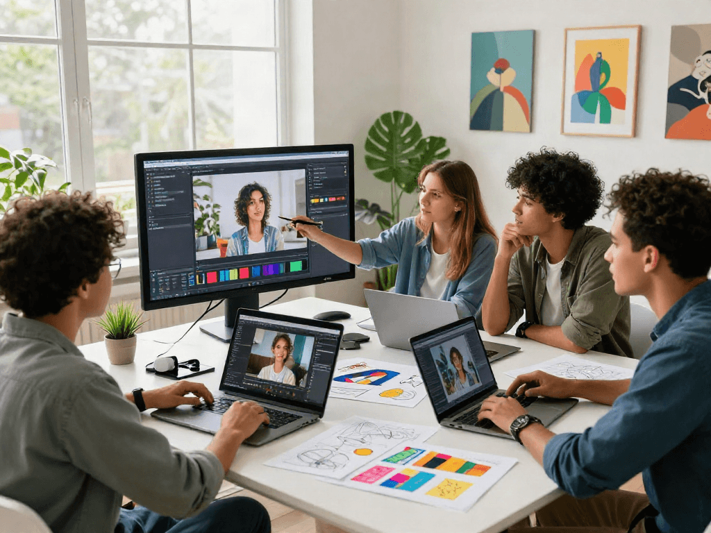 Collaborative workspace showcasing ai nsfw digital content creation with creative professionals brainstorming innovative designs.