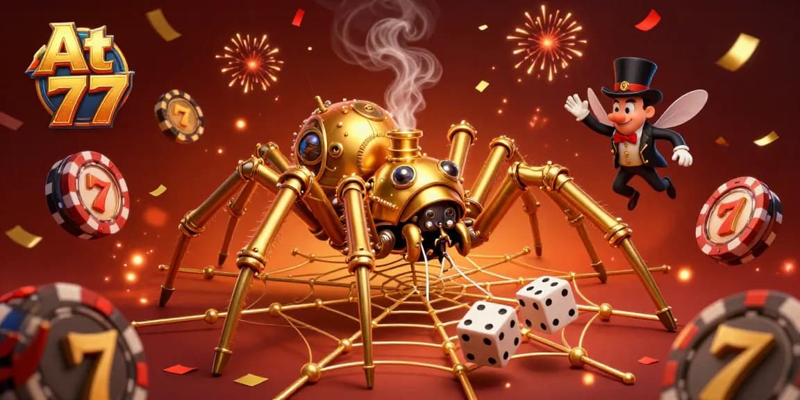 Catch thrilling jackpots at At 77 with a lively casino scene featuring steampunk themes and classic gaming elements.