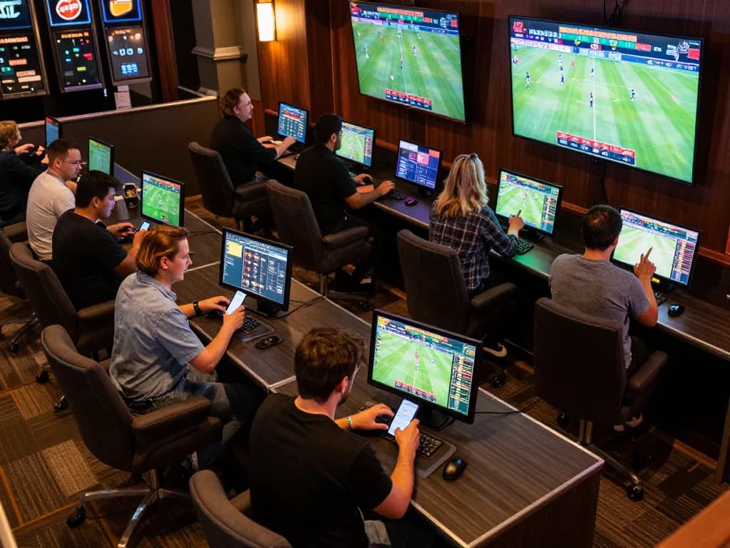 W88 betting lounge with players actively engaged in placing bets on sports events, highlighting strategic decision-making.