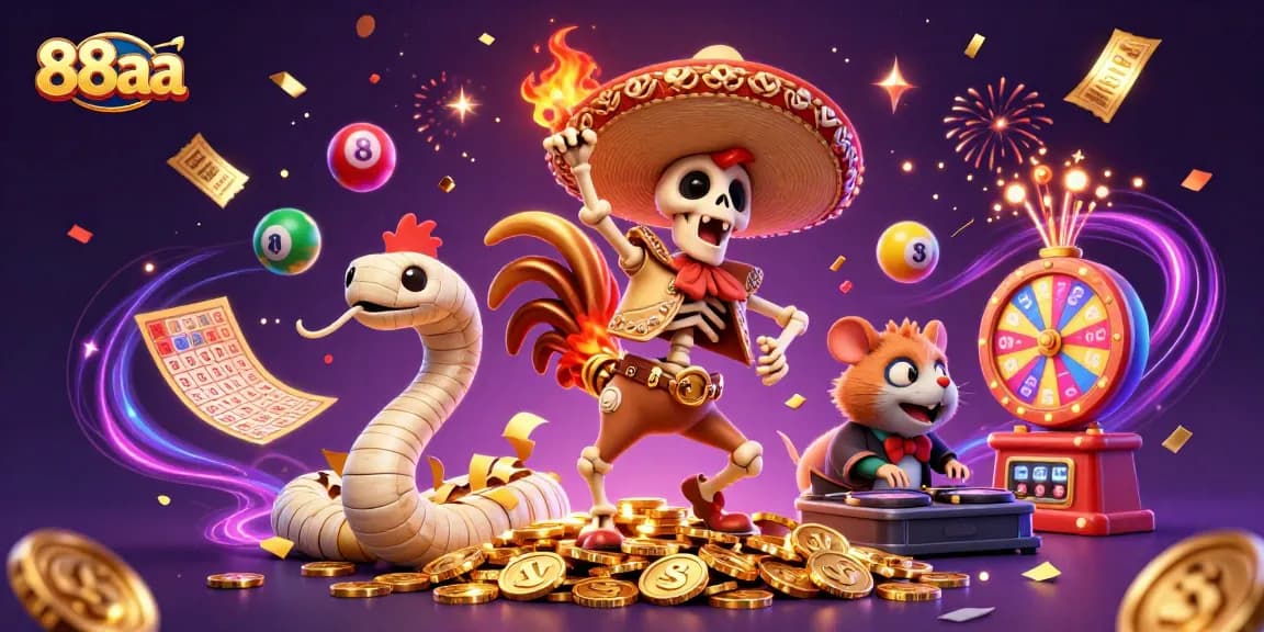 Experience thrilling wins at 88aa with dynamic lottery balls and vibrant casino elements in a festive scene.