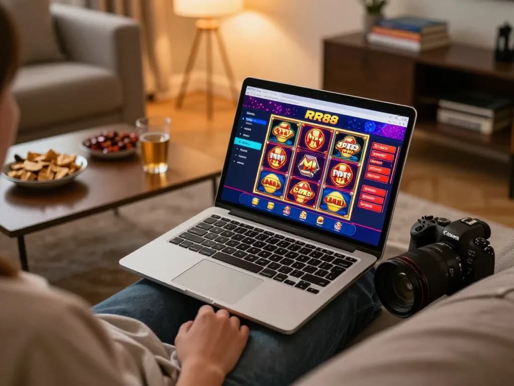 Engaging with RR88 online casino games on a laptop in a cozy setting, highlighting a relaxed gaming experience.
