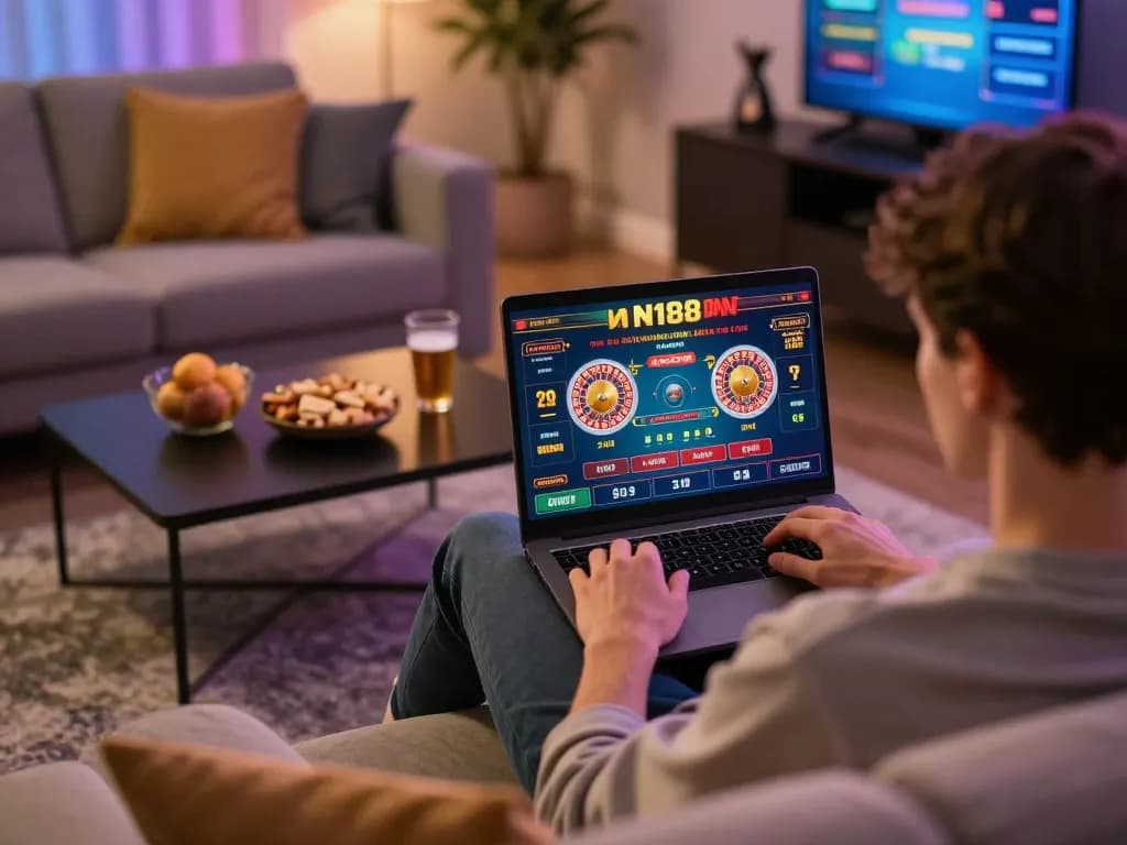 N188 online casino player engaging with live roulette from a cozy home environment.