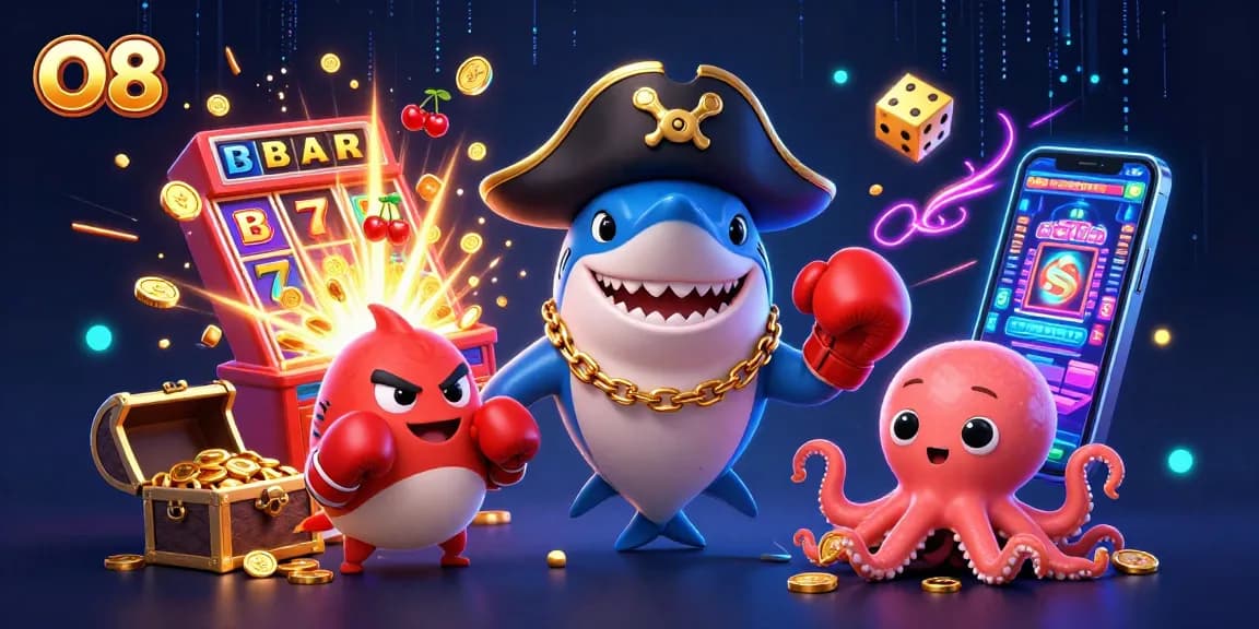 Play exciting games at O8 with vibrant characters and jackpot thrills in this 3D casino scene.