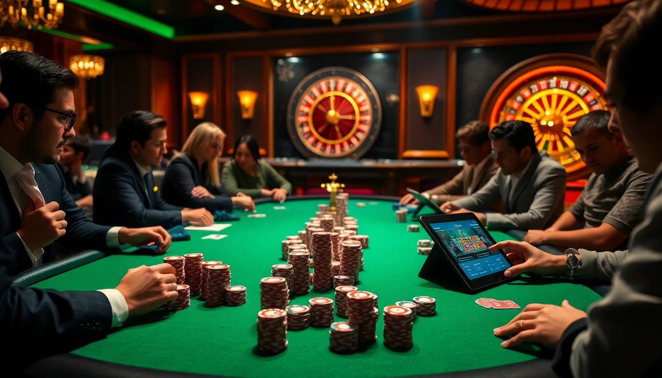 Poker players engaging with chips and cards in a thrilling casino atmosphere, reflecting the excitement of uuu885 gaming.