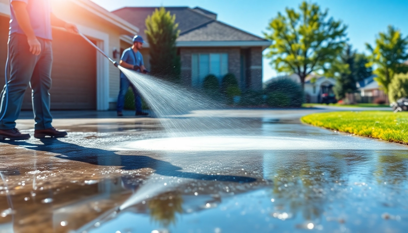 Capturing a pressure washing team revitalizing a driveway with powerful equipment and gleaming results.