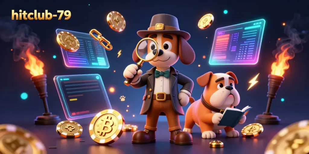 Engaging scene showcasing hitclub-79 featuring detective duo amidst vibrant crypto elements and poker clues.