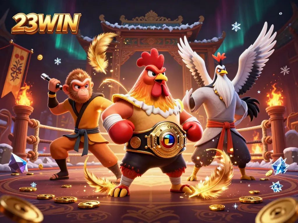 Experience thrilling action with the 23WIN champion rooster in this vibrant casino scene.