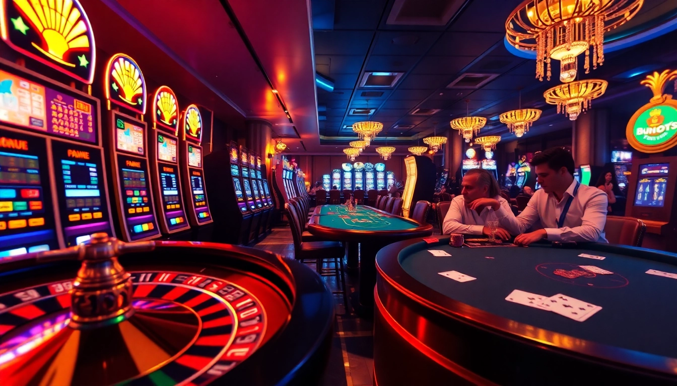 Unlimit Casino features a bustling gaming floor with roulette wheels, poker tables, and slot machines, showcasing exhilarating gambling experiences.