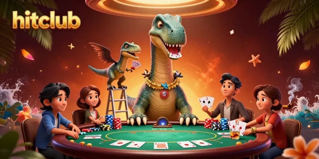 Experience thrilling action at hitclub with a giant 3D cartoon brontosaurus interacting at a vibrant casino poker table.