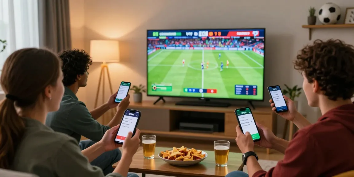 Friends enjoying an exciting football match while placing bets on SBOBET, showcasing engagement and live odds.