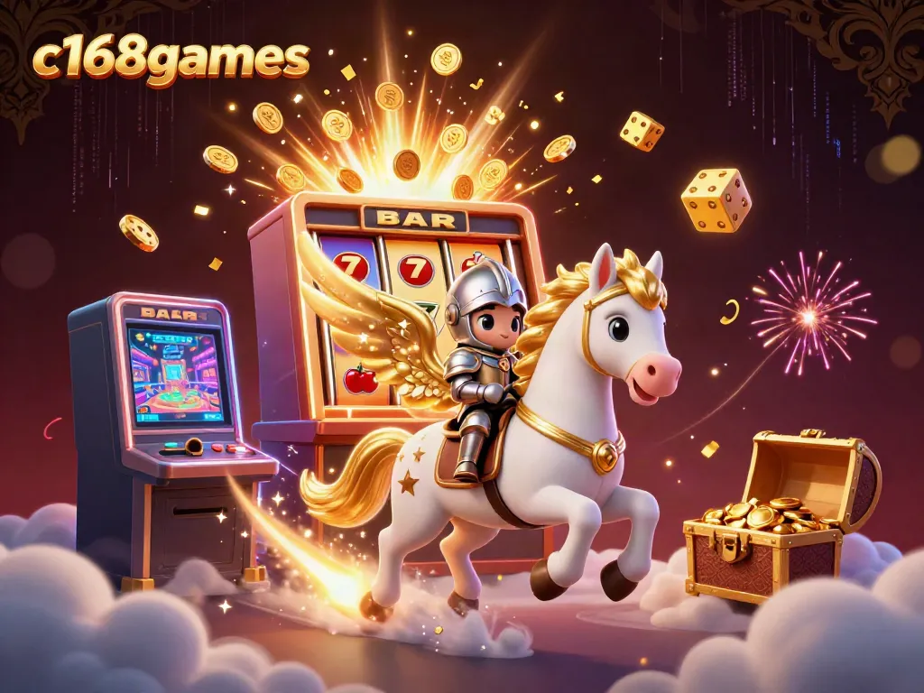 Experience the magic of c168games with a vibrant 3D illustration of a celestial knight and gaming elements.