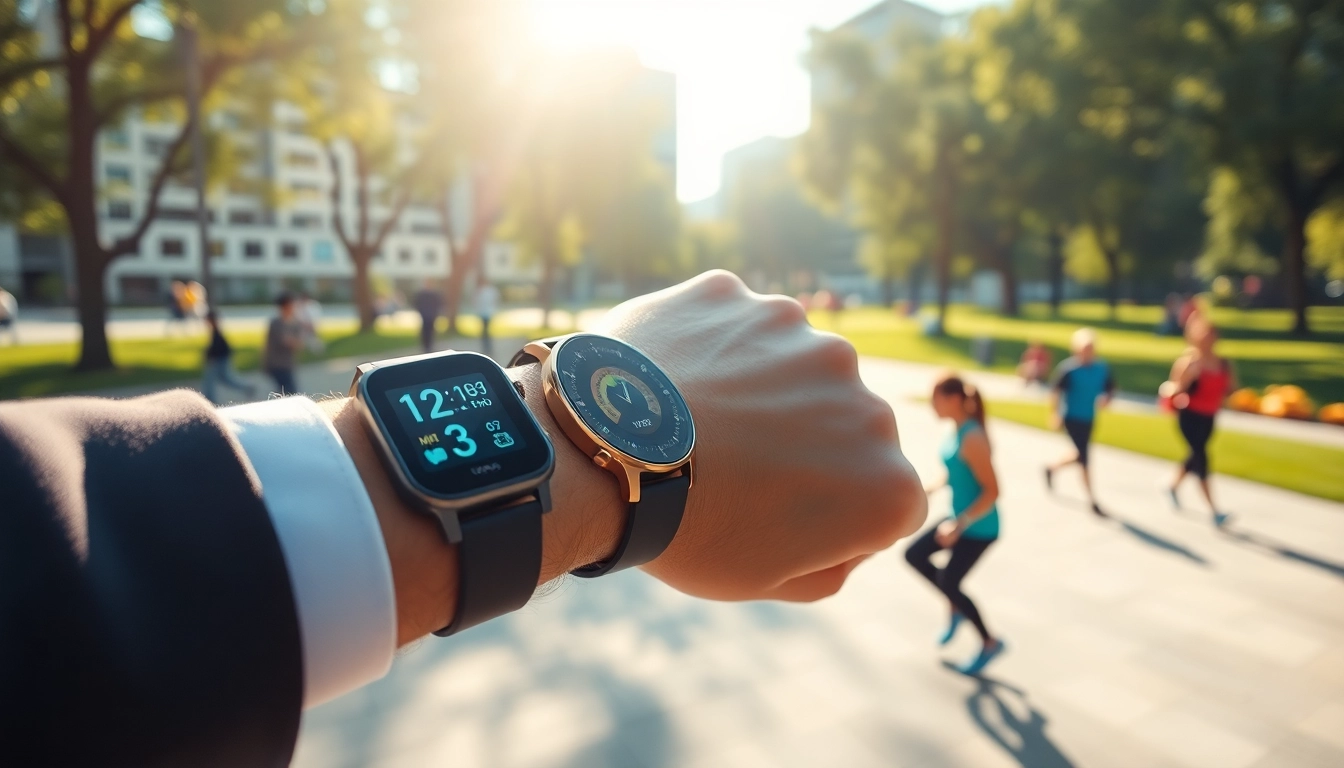 LC88 Smart Watch on wrist highlighting its features in an urban park setting.