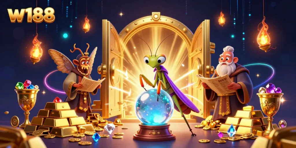 Engage with w188's mystical fortune teller scene featuring a praying mantis and a moth librarian amidst lavish treasures.