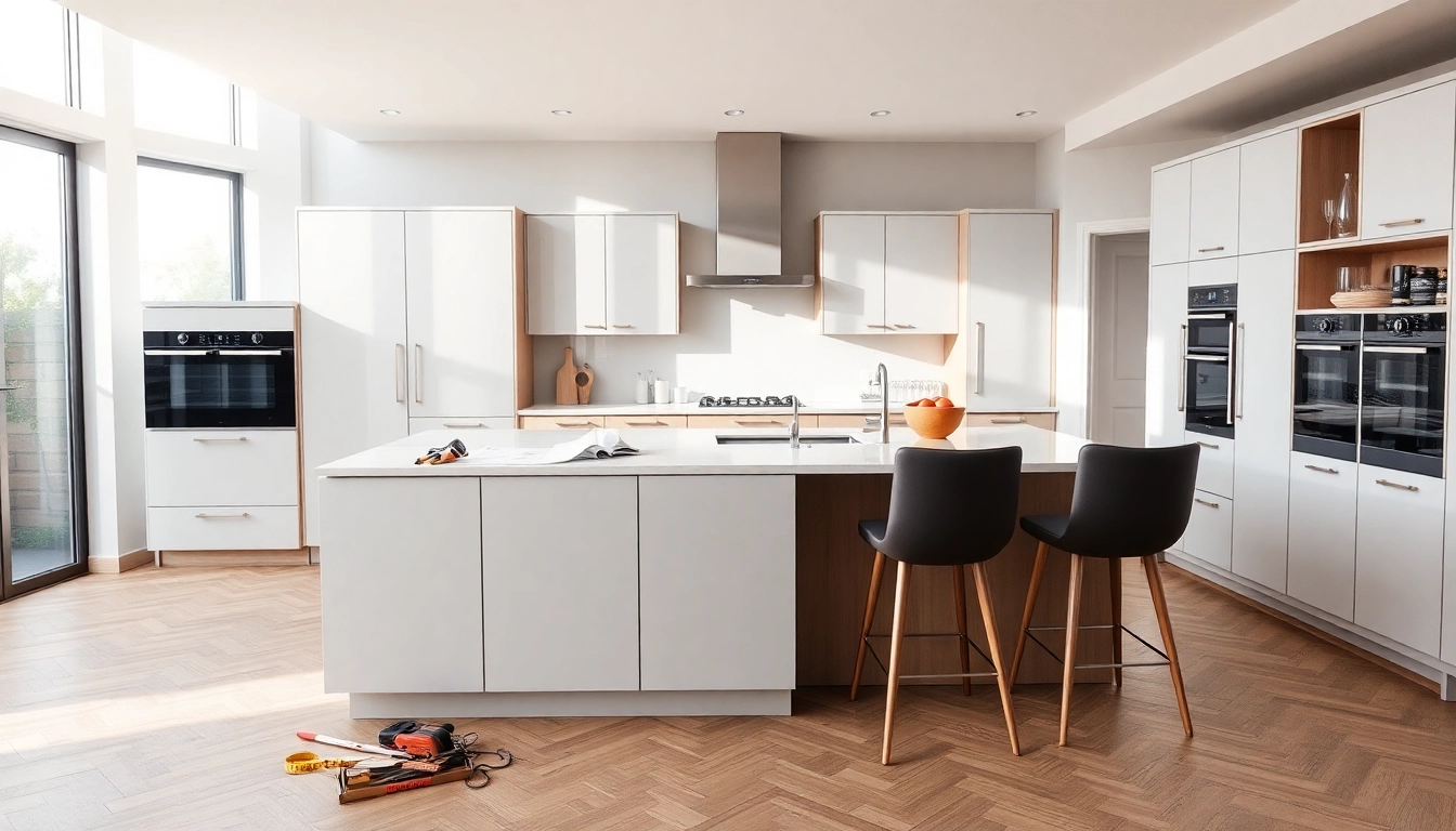 Efficient kitchen fitters assembling a modern kitchen with expert precision and creativity.