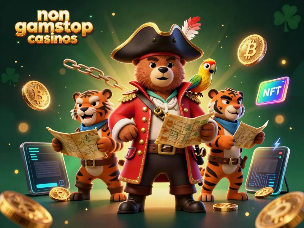 Engage at non gamstop casinos with pirate captain and tiger amidst vibrant crypto-themed elements.
