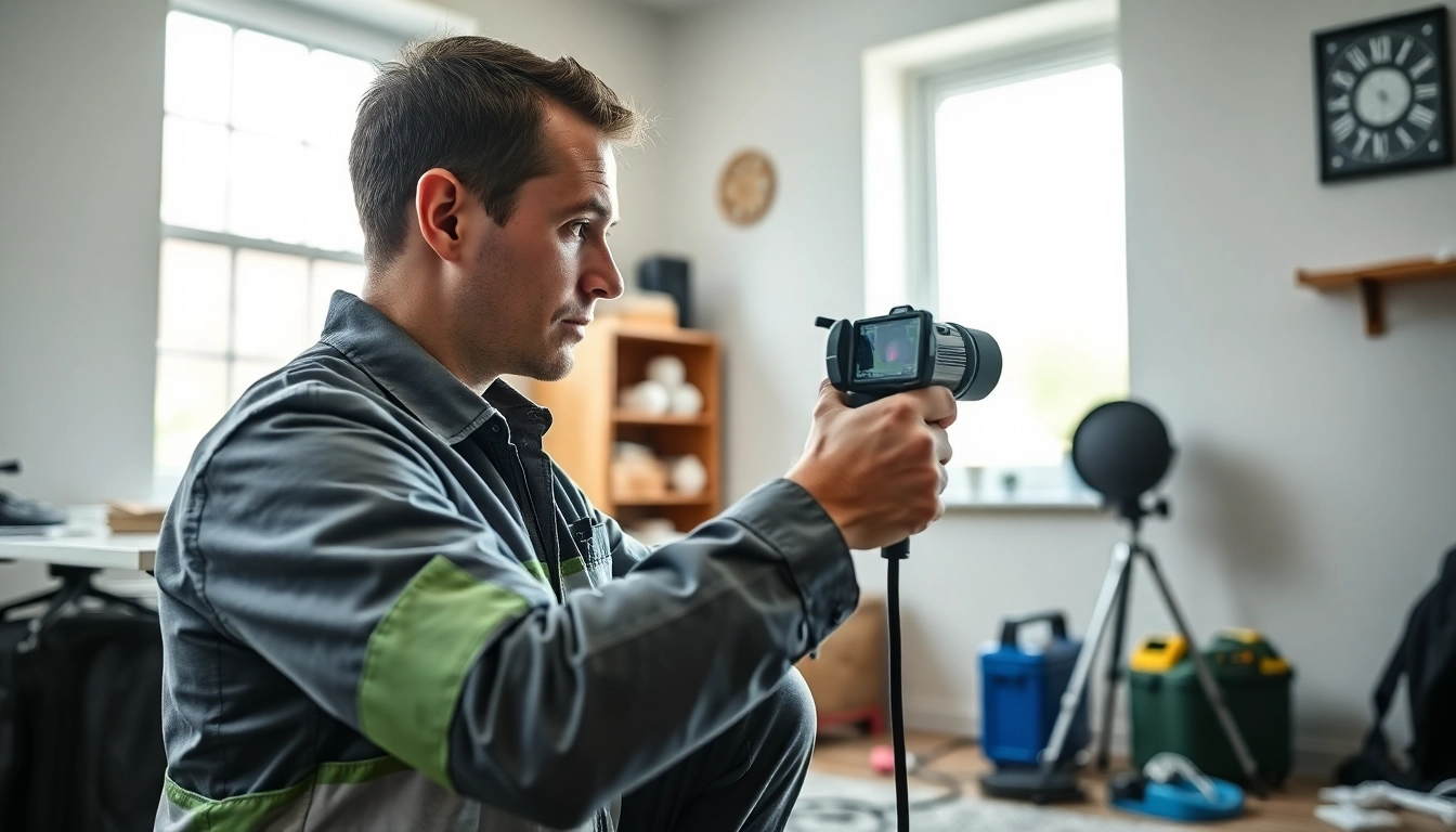 Leak detection technician using thermal imaging to identify hidden leaks in a residential wall.