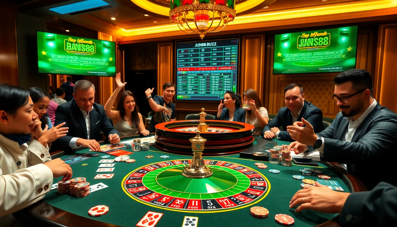 Playing thrilling casino games at https://jun88.buzz/, featuring vibrant cards and roulette.