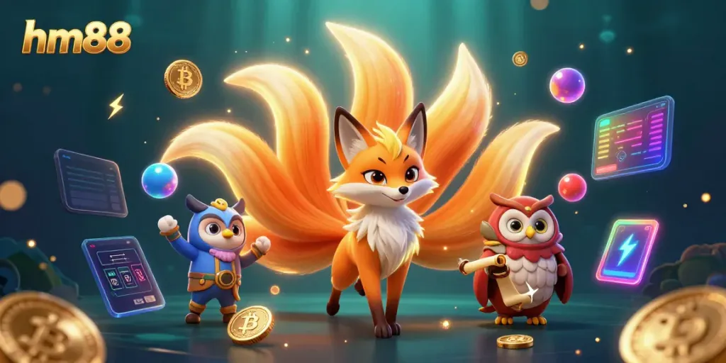 Experience the excitement of hm88 with vibrant animated spirits and crypto elements in a dazzling casino scene.